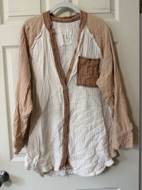 Aerie Gauze Button-Front Beach Top in Cream and Light Brown Trim